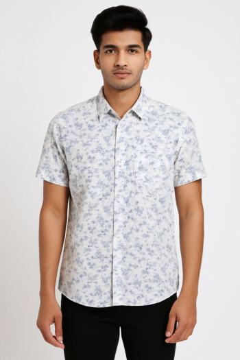 Men’s White & Blue Floral Printed Short Sleeve Shirt