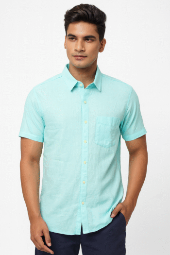 Men’s Aqua Blue Solid Short Sleeve Shirt