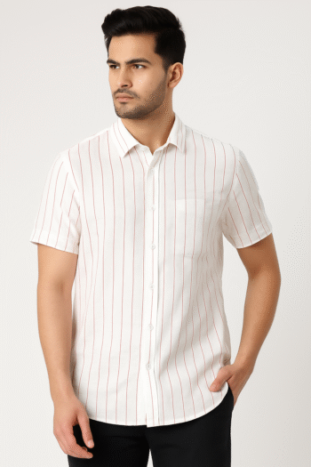Men’s White Short Sleeve Shirt with Red Vertical Stripes