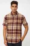 Men’s Maroon & Beige Checked Short Sleeve Shirt