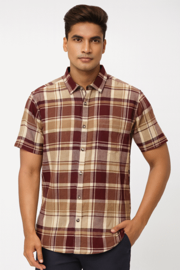 Men’s Maroon & Beige Checked Short Sleeve Shirt