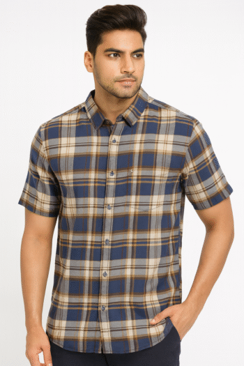 Men’s Navy Blue & Beige Checked Short Sleeve Shirt