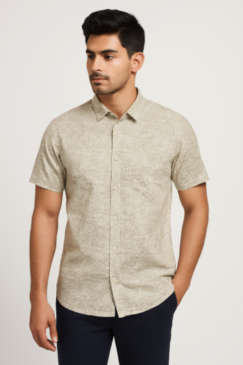 Beige Textured Short Sleeve Casual Shirt