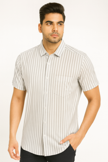 Grey & White Vertical Striped Short Sleeve Shirt
