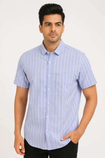 Men’s Light Blue Striped Short-Sleeve Shirt