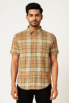 Men’s Beige Multicolor Checked Short-Sleeve Shirt