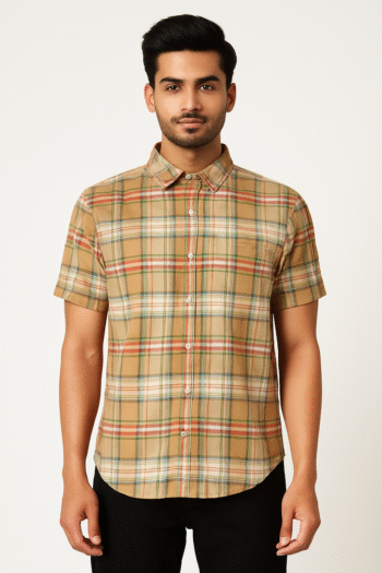 Men’s Beige Multicolor Checked Short-Sleeve Shirt