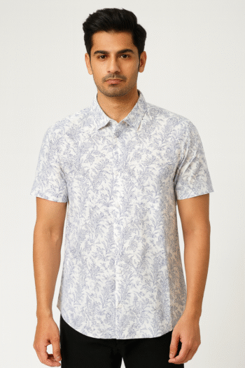 Men’s White & Blue Floral Print Short-Sleeve Shirt