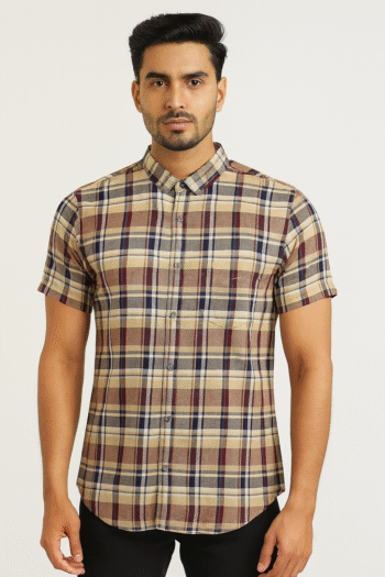 Men’s Beige & Maroon Checked Short-Sleeve Shirt