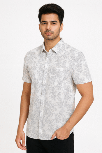 Men’s White Floral Printed Short Sleeve Shirt