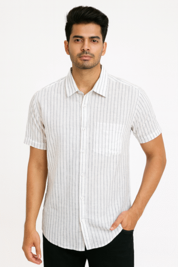 Men’s White Striped Short Sleeve Casual Shirt