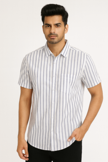 Men’s White & Navy Striped Short Sleeve Cotton Shirt