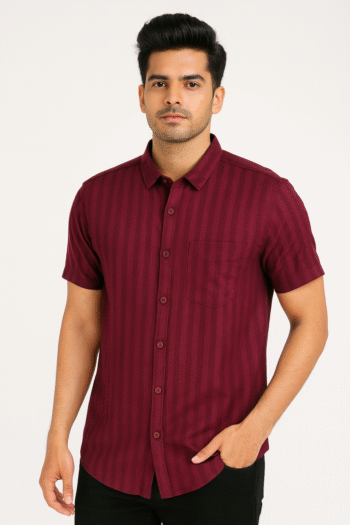 Men’s Maroon Striped Short Sleeve Casual Shirt