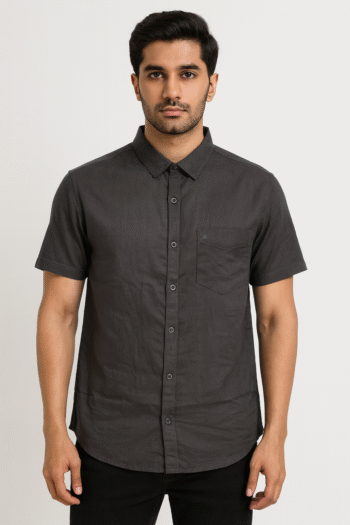 Men’s Solid Charcoal Grey Short Sleeve Casual Shirt