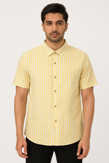 Men’s Yellow & White Striped Short Sleeve Casual Shirt
