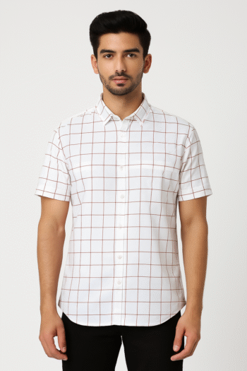 Men’s White & Maroon Checked Short Sleeve Casual Shirt