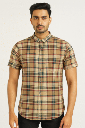 Men’s Beige & Maroon Checked Casual Cotton Shirt