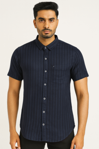Men’s Navy Blue Striped Casual Cotton Shirt