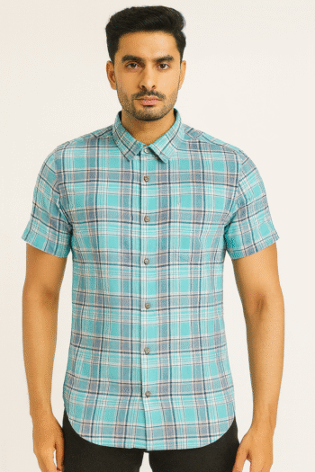 Men’s Aqua Blue & Grey Checked Casual Shirt