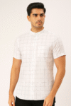 Men’s White Mandarin Collar Windowpane Check Shirt