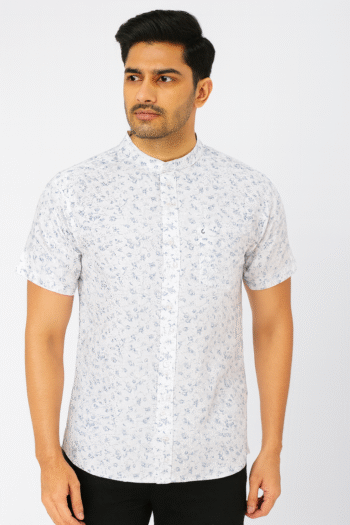 White Mandarin Collar Floral Print Short Sleeve Shirt