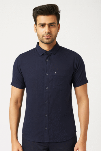 Navy Blue Solid Short Sleeve Shirt