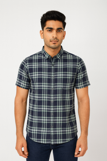 Men’s Navy Blue & Green Checked Short Sleeve Cotton Shirt