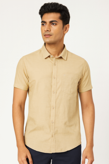 Men’s Beige Short Sleeve Cotton Casual Shirt