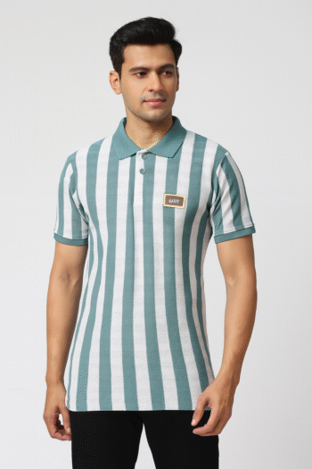 Men’s Teal & White Vertical Striped Polo T-Shirt