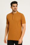 Men’s Mustard Mandarin Collar Textured T-Shirt