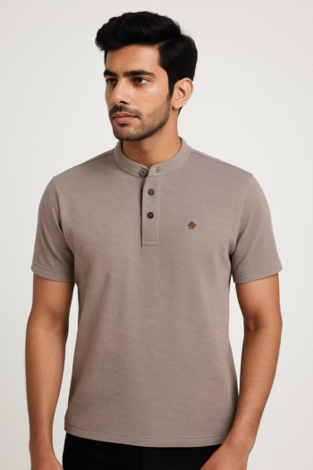 Men’s Taupe Mandarin Collar Buttoned T-Shirt