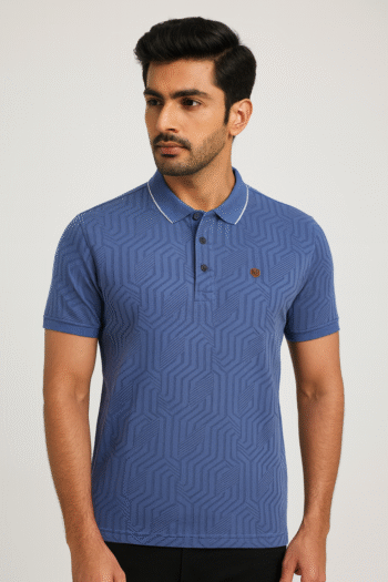 Men’s Blue Textured Polo T-Shirt with Contrast Collar Trim