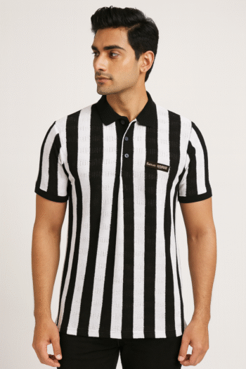 Men’s Black & White Vertical Striped Polo T-Shirt