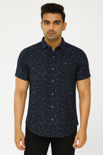 Men’s Navy Blue Floral Print Short Sleeve Shirt