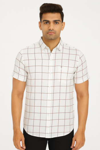 Men’s White and Maroon Windowpane Check Short Sleeve Shirt