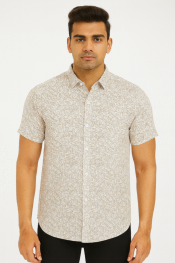 Men’s Beige Leaf Print Short Sleeve Shirt