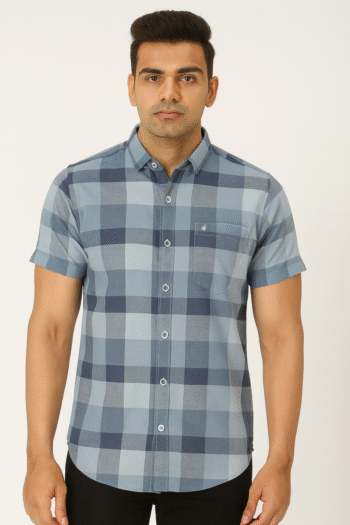 Men’s Blue Multi-Tone Checked Short Sleeve Shirt
