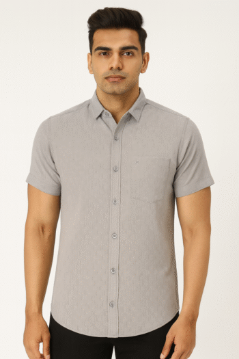 Men’s Solid Grey Textured Short Sleeve Shirt