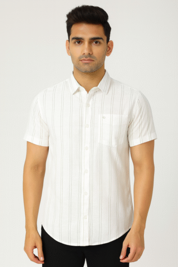 Men’s White Vertical Striped Short Sleeve Shirt