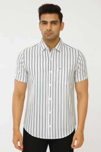 Men’s White and Black Vertical Striped Short Sleeve Shirt