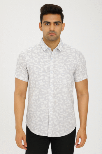 Men’s White Geometric Print Short Sleeve Shirt