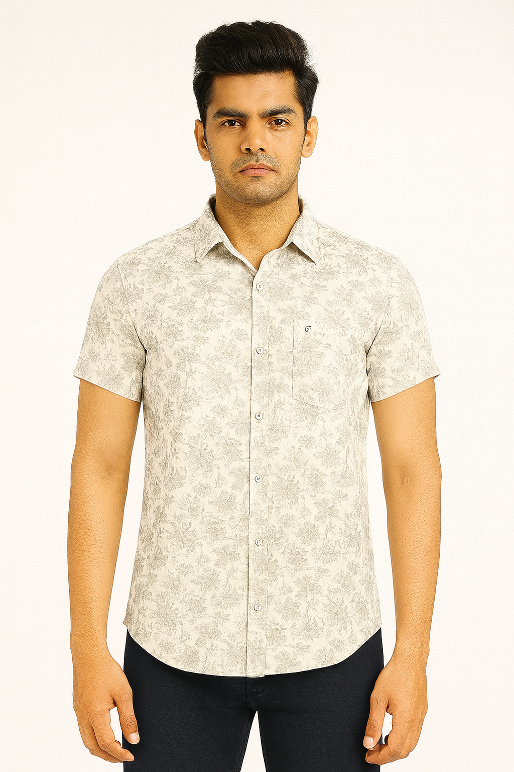 Men’s Beige Leaf Print Short Sleeve Shirt