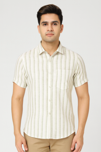 Men’s Olive Green Vertical Stripe Short Sleeve Shirt