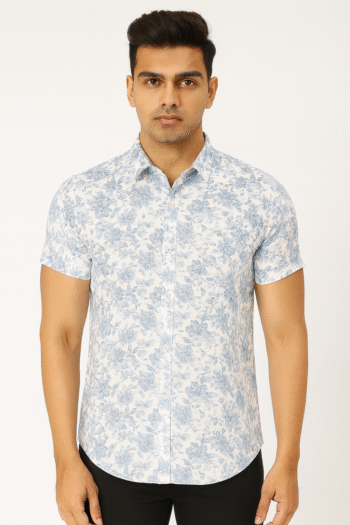 Men’s White and Blue Floral Printed Short Sleeve Shirt