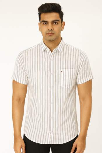 Men’s White and Brown Vertical Striped Short Sleeve Shirt