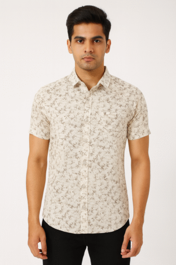 Men’s Beige Floral Print Short Sleeve Shirt