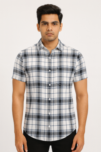 Men’s Black & White Checked Short Sleeve Shirt
