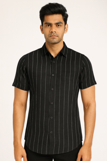 Men’s Black Vertical Stripe Short Sleeve Shirt