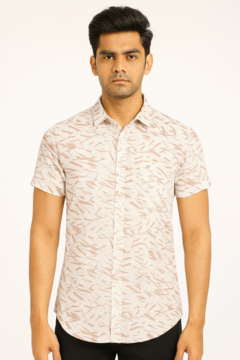 Men’s Beige Abstract Printed Short Sleeve Shirt