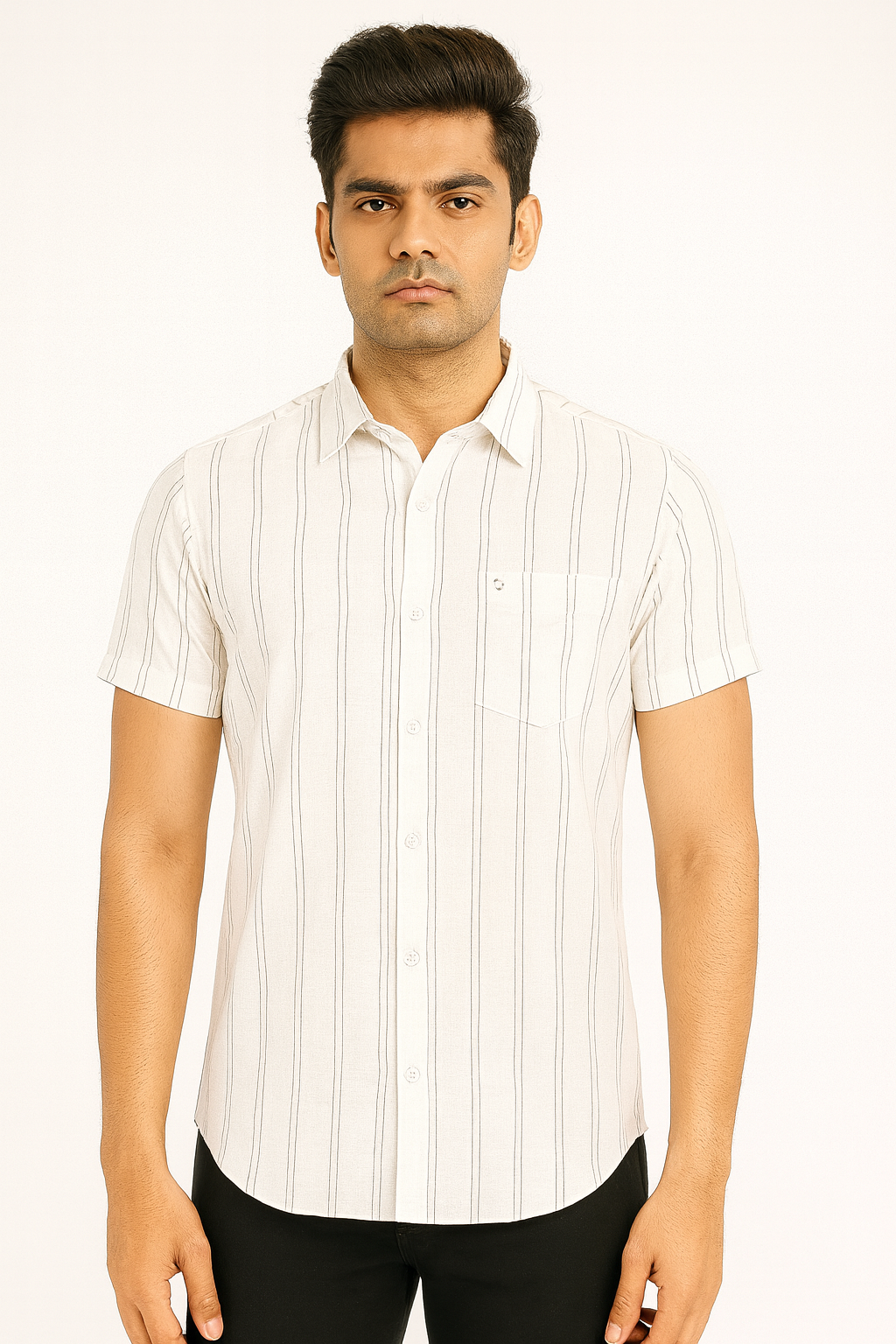 Men’s White Vertical Stripe Short Sleeve Shirt